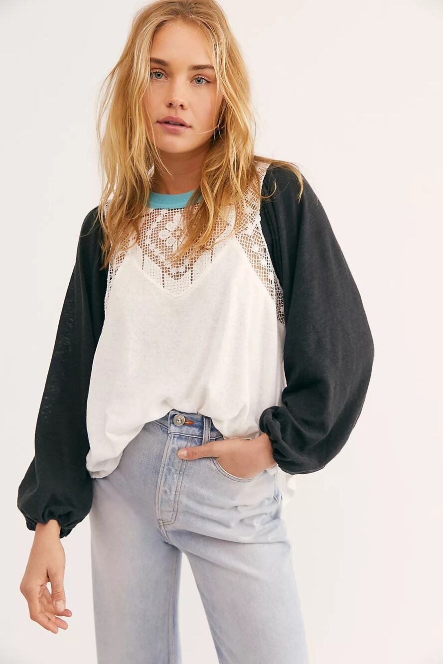 Free People We The Free Electric Night Top Linen Lace Balloon Sleeve Boho Size S